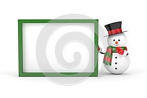 3d rendering of snowman holding a blank board over white