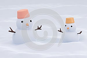 3D rendering of snowman on light snow background