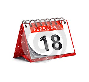 3D rendering of snowy red desk paper February 18 date - calendar page isolated on white