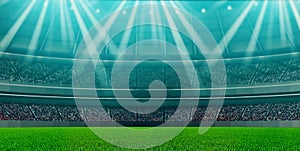 3D Rendering of soccer sport stadium, green grass during night match with crowd of audience and bright led spot lights