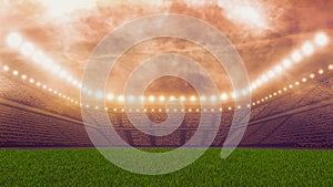 3D Rendering of soccer sport stadium, green grass during sunset with crowd of audience and bright led spot lights and white clouds