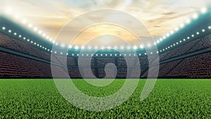 3D Rendering of soccer sport stadium, green grass during sunset with crowd of audience and bright led spot lights and white clouds