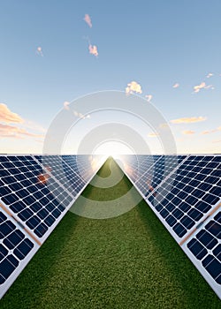 3d rendering of solar farm, field or solar power plant for clean green power energy