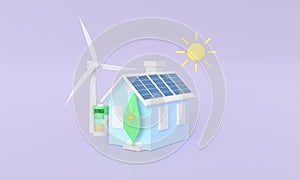 3d rendering Solar panel house , plant and battery electricity concept minimal pastel general home . wind turbine power plant with