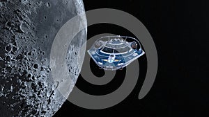 3D rendering of a spaceship and the moon