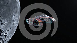 3D rendering of a spaceship and the moon