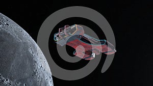 3D rendering of a spaceship and the moon