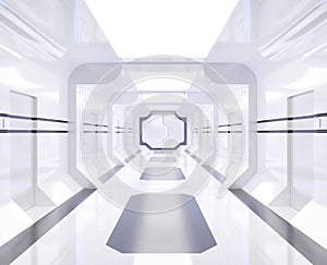 3D rendering Spaceship white and bright interior with view,tunnel,corridor