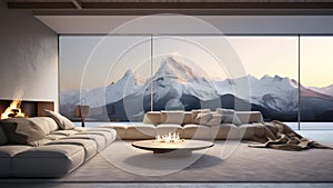3D rendering of a spacious living room with comfortable furniture, fireplace and a snow mountain view.