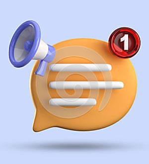 3d rendering of speech bubble with notification icons, megaphone icons