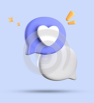 3d rendering of speech love bubble with notification icons, megaphone icons