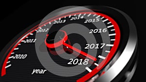 3D rendering of speedometer with 2018 closeup, on black