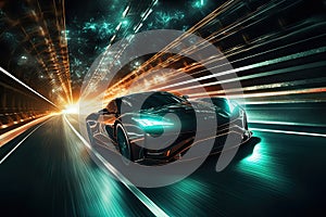 3D rendering of a sports car on the road with motion blur, Underground tunnel with moving cars at night. View from below, AI