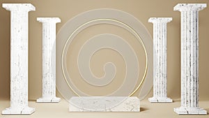 3D rendering of Square marble plinth and Greek columns background. Mockup for show product