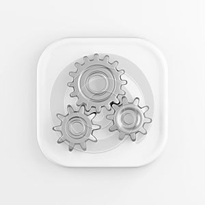 3D rendering square white button icon, chrome gears isolated on white background