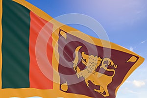 3D rendering of Sri Lanka flag waving on blue sky background,