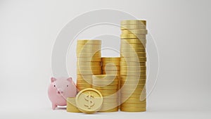 3d rendering. Stack of dollar coins with pink piggy bank on white background