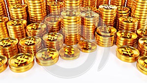 3D rendering of stack of golden coins, growing up wealthy, affluent, Finacnce and business concept