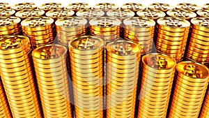 3D rendering of stack of golden coins, growing up wealthy, affluent, Finacne and business concept