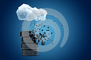 3d rendering of stack of tyres standing under white raining cloud on blue copyspace background.