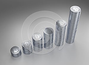 3d rendering of stacks of Bitcoins with clipping path.