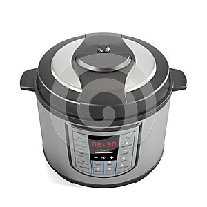 3d rendering of a stainless steel electric pressure cooker with a thermocouple and a digital display