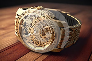 3D rendering of a steampunk-style gold watch, set atop a wooden table