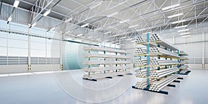 3d rendering of steel pipe product on shelf inside warehouse