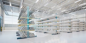 3d rendering of steel pipe product on shelf inside warehouse