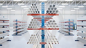 3d rendering of steel pipe product on shelf inside warehouse