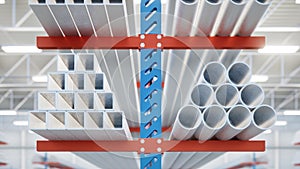 3d rendering of steel pipe product on shelf inside warehouse