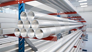 3d rendering of steel pipe product on shelf inside warehouse