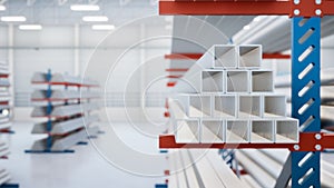 3d rendering of steel pipe product on shelf inside warehouse