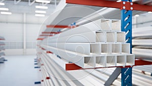 3d rendering of steel pipe product on shelf inside warehouse