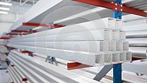 3d rendering of steel pipe product on shelf inside warehouse