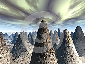 3D rendering of a stone covered round mountains