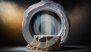 3d rendering of a stone podium in a dark room with a window