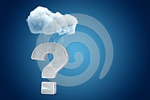 3d rendering of stone question mark under raining cloud on blue gradient background with copy space.