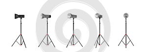 3d rendering of a studio photo flash with reflector stand in different angles.