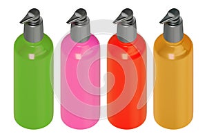3d rendering studio shot a set of multicolor skincare bottle green, pink, red, yellow isolated on white background with clipping