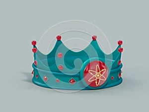 3D rendering of a stylized royalty crown with a COSMOS ATOS coin symbol; cryptocurrency