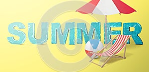 3d rendering of the `SUMMER` title with a beach umbrella, a deck chair and a beach ball on a yellow background.