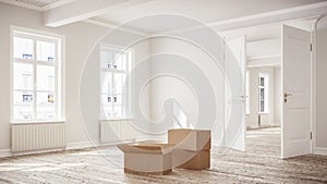 3D rendering of sunny empty living room with moving boxes in old city building of townhouse or apartment for rent or buy