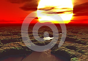 3D rendering of a sunset on an alien planet with pools of mud everywhere