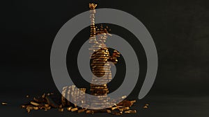 3d rendering of the tarnished golden statue of Liberty. The statue is cut into pieces. There are shards nearby. The idea of
