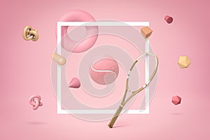 3d rendering of tennis racket and tennis ball with random geometric objects on pink background