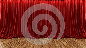 3d rendering theater stage with red curtain and wooden floor