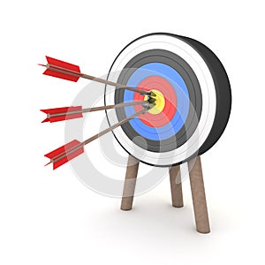 3D Rendering of three arrows hitting the middle of a target