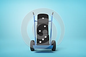 3d rendering of three black casino dice on a hand truck on blue background