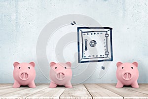 3d rendering of three cute piggy banks face forward standing near a wall with a drawing of a closed safe on it.